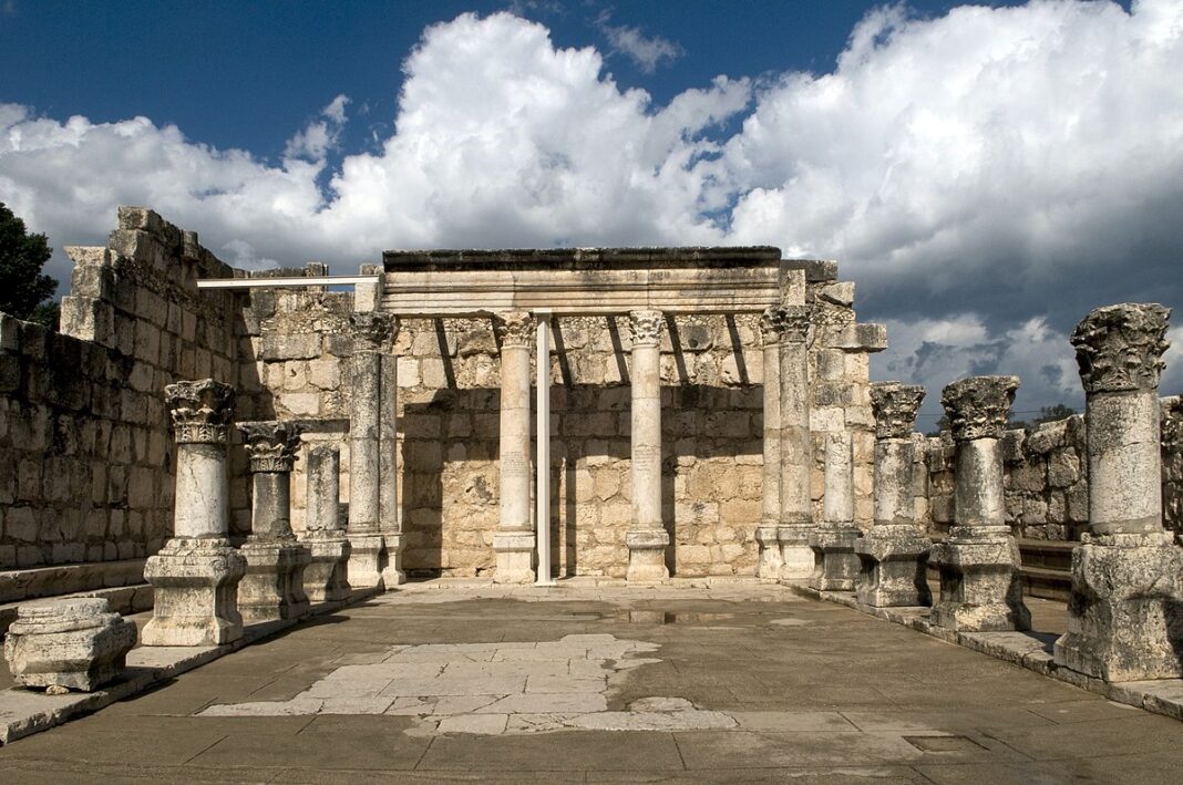 sites of christianity in the galillee ruins of the ancient great synagogue at capernaum or kfar nahum on the shore of the lake of galilee northern israel
