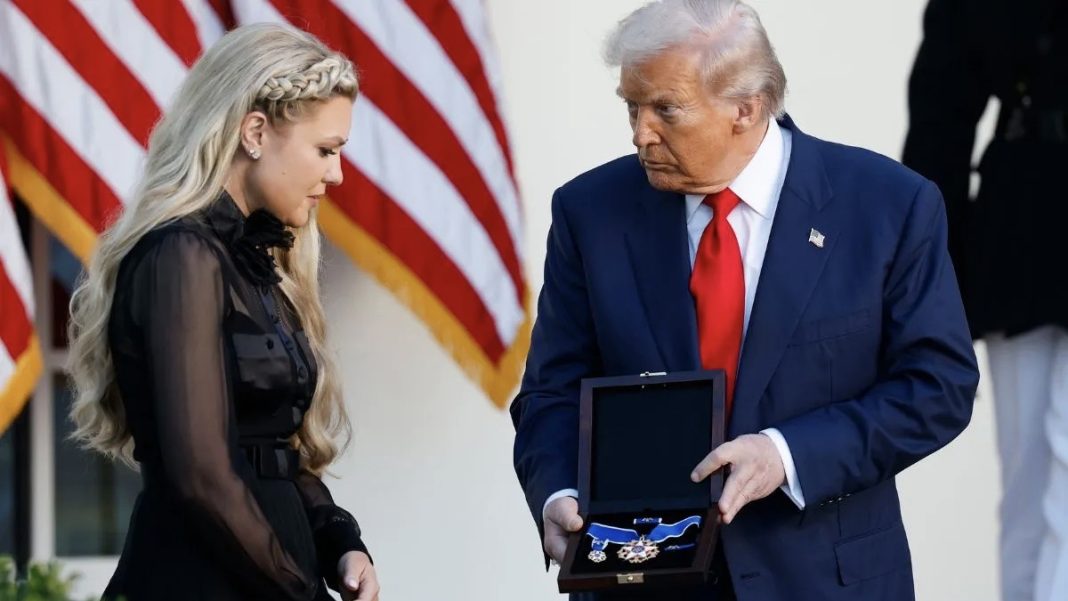 president trump presents posthumous presidential medal of freedom to charlie kirk on what would have been the conservative pundits 32nd birthday
