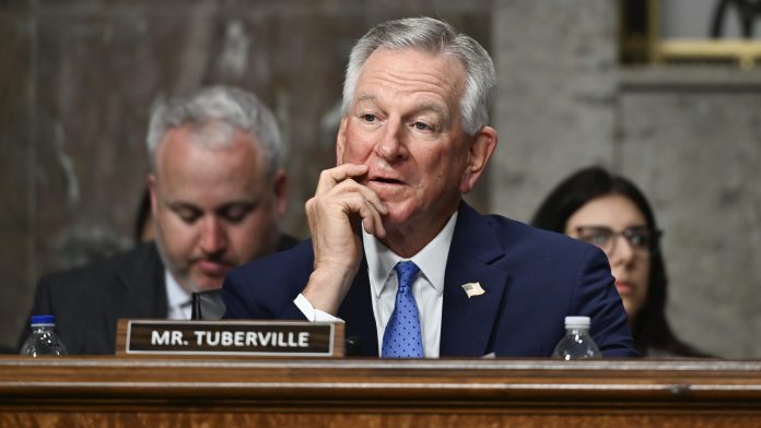sen. tommy tuberville, r ala., during the confirmation hearing of retired lt. gen. dan caine, president donald trump’s nominee to serve as chairman of the joint chiefs of staff, on capitol hill in washington, april 1, 2025. (kenny holston/the new york ti
